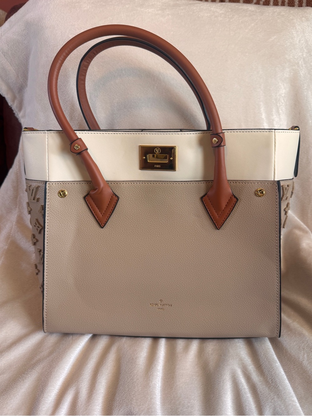 Louis Vuitton Taupe, White & Brown Satchel with Gold Hardware